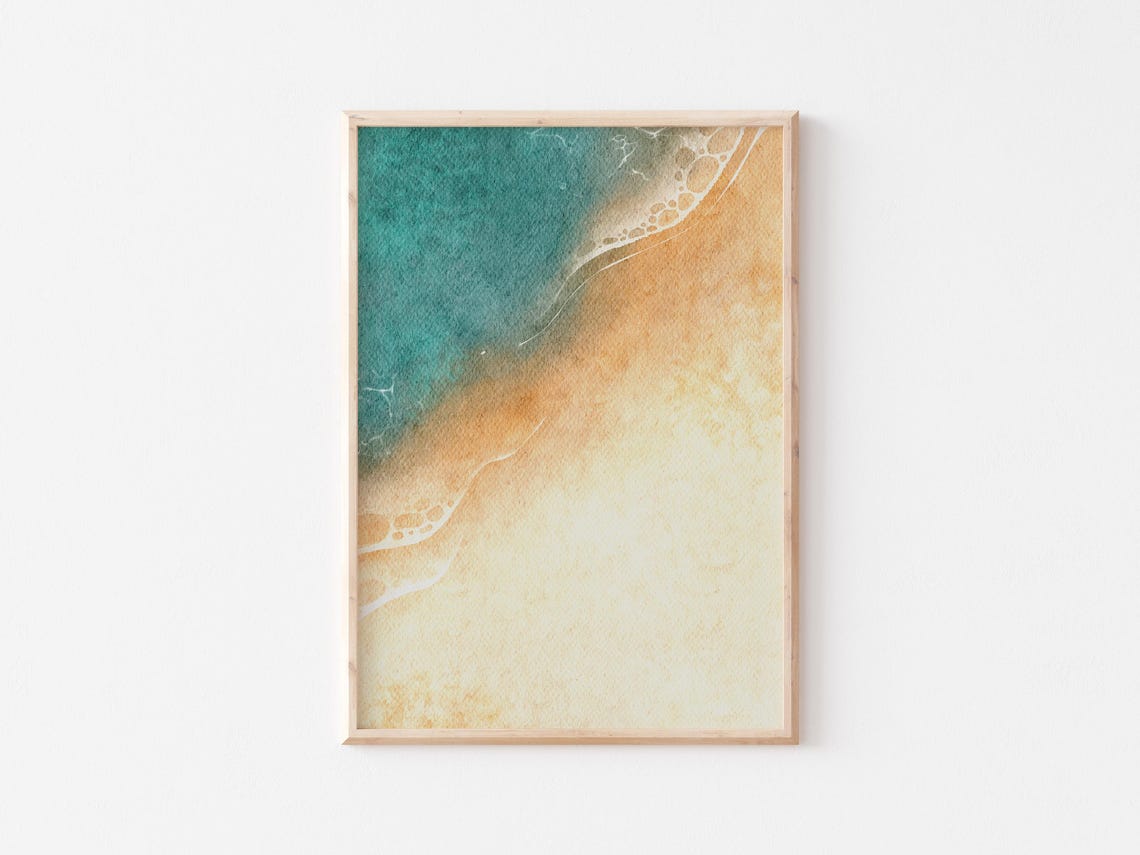 Teal Ocean Diagonal Sweeping Over Golden Sandy Beach Scene Print - Image 2