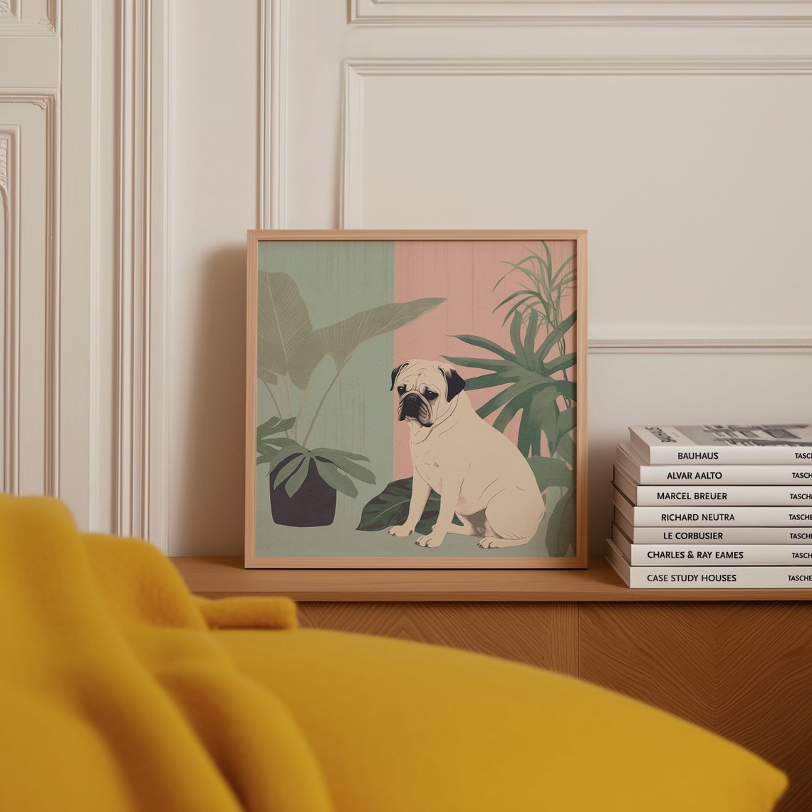 Cream Pug with Tropical Leaves Poster in Sage and Blush Tones - Image 4