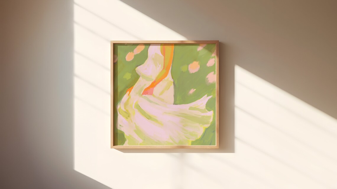 Twirling Woman In White Dress Green Garden Abstract Art Poster - Image 3
