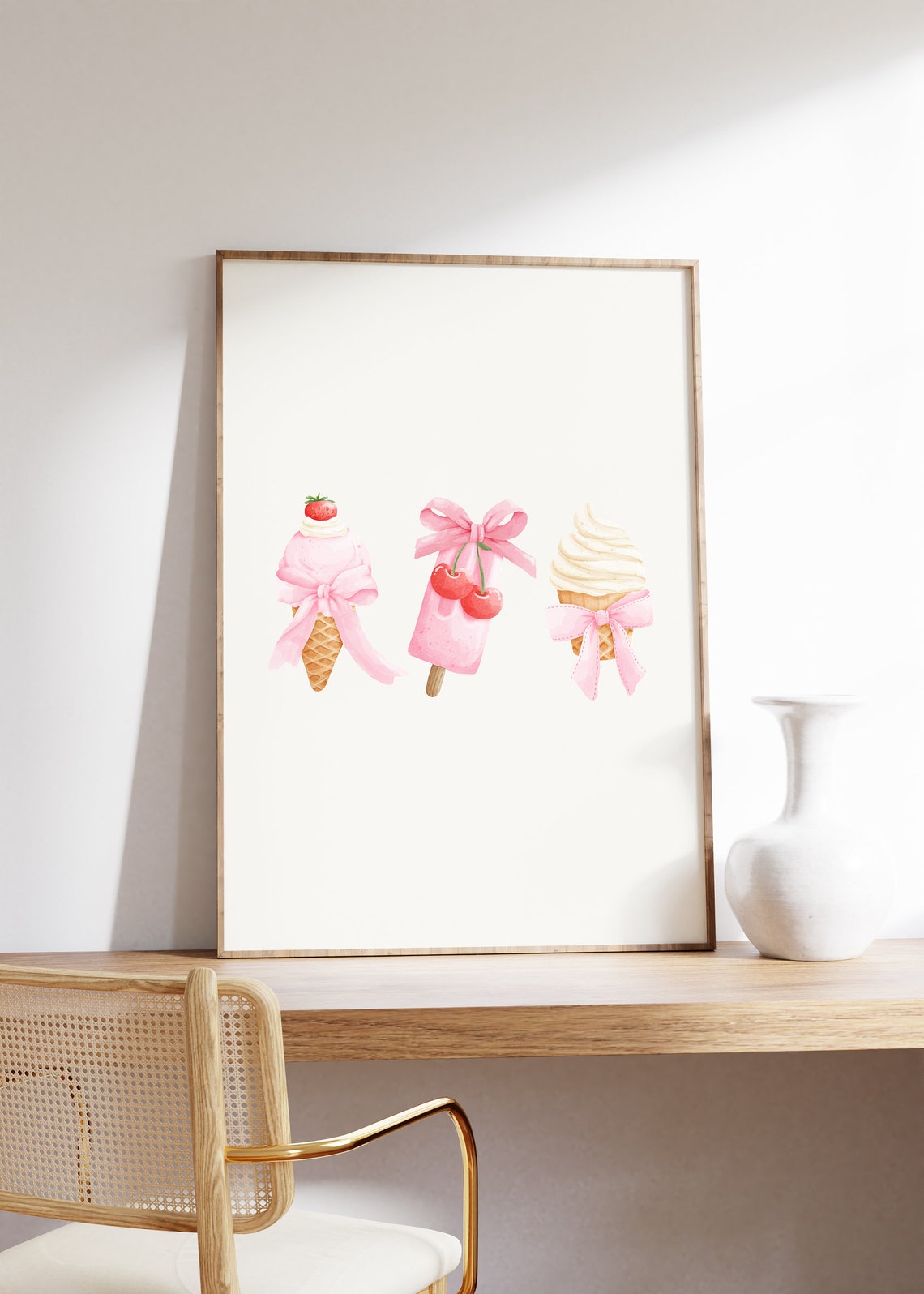Pink Coquette Ice Cream Cones and Cherry Popsicle Watercolor Poster - Image 5