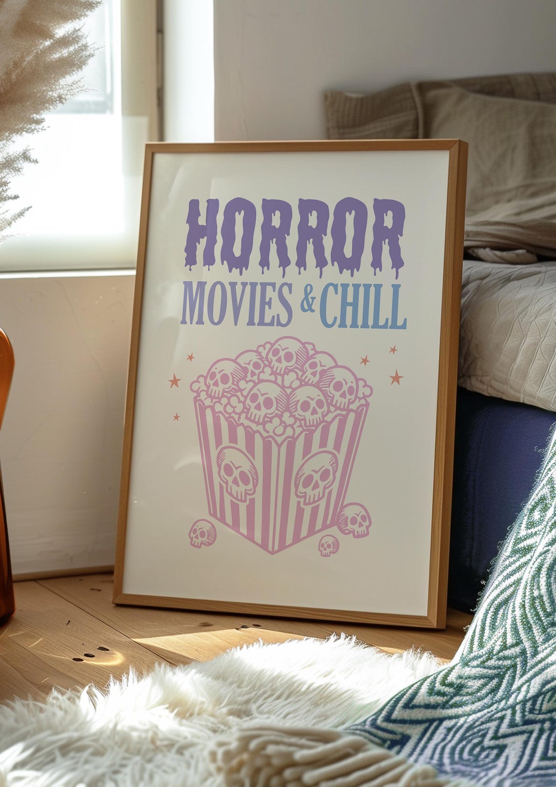 Horror Movies And Chill Pastel Skull Popcorn Halloween Poster - Image 3
