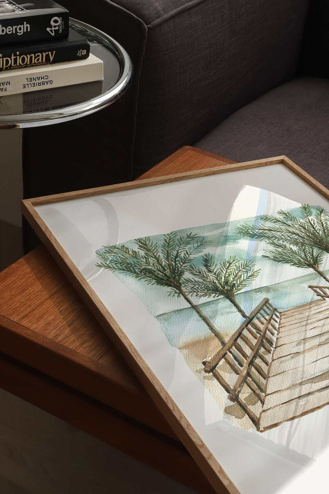 Neutral Palm Tree Boardwalk Beach Watercolor Coastal Minimalist Poster - Image 3