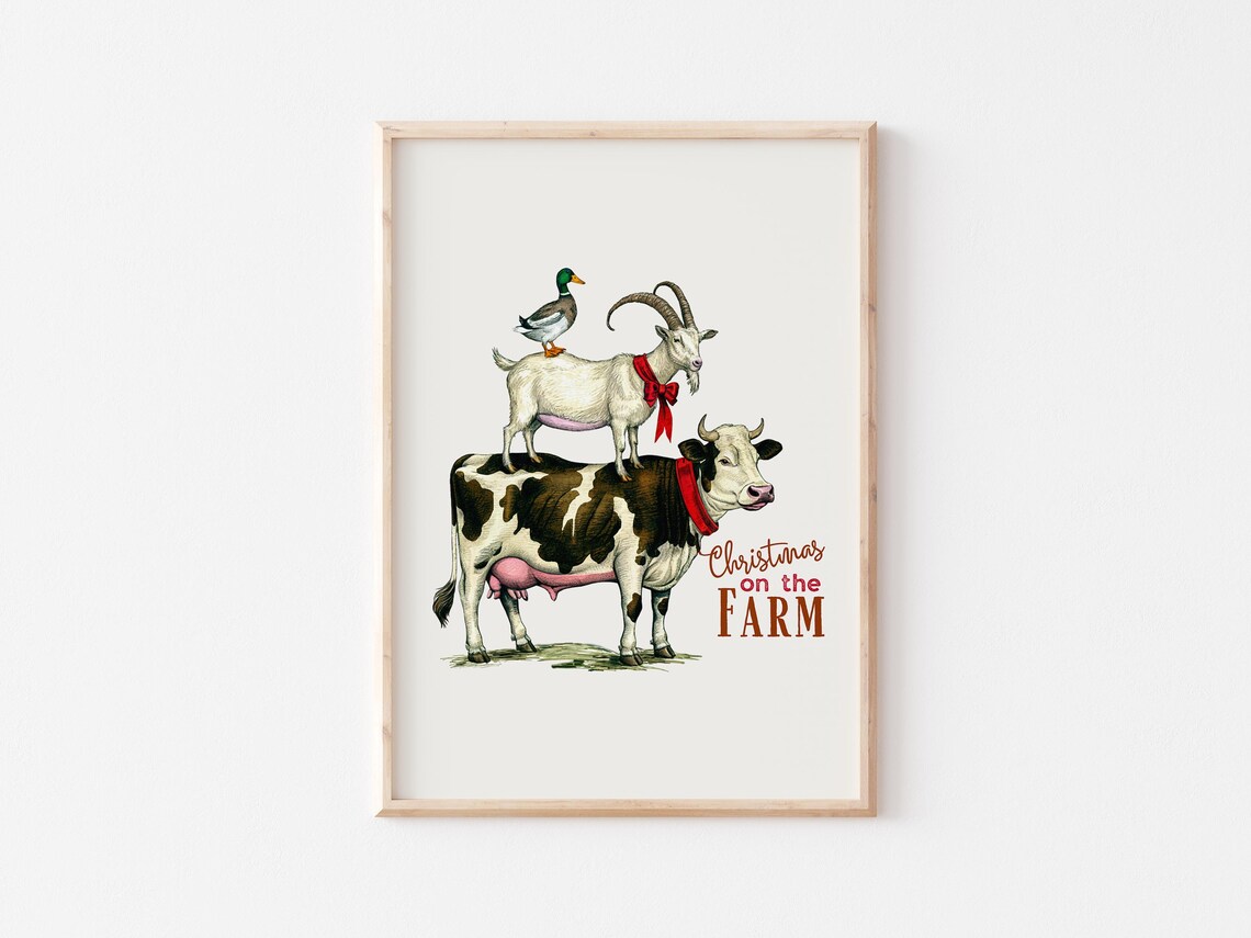 Christmas on the Farm Stacked Cow Goat Duck Animals Art Poster - Image 5