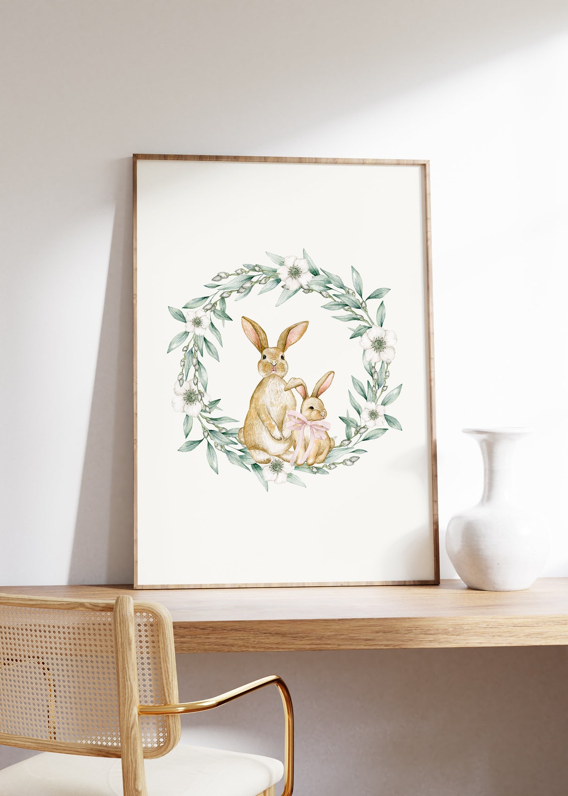 Two Sweet Bunnies in a Floral Wreath Watercolor Easter Poster - Image 2