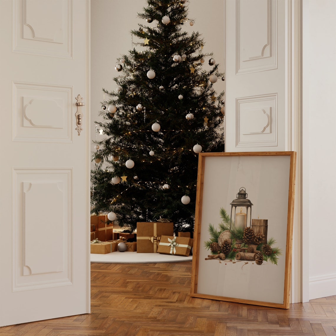 Rustic Christmas Lantern Pinecones Watercolor Holiday Scene Poster - Image 4