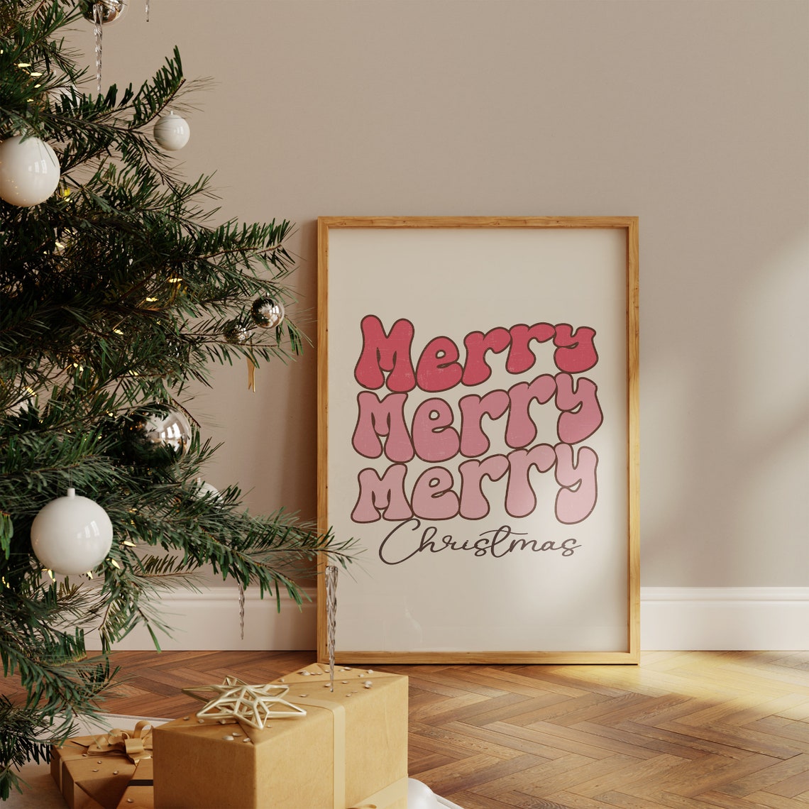 Merry Merry Merry Christmas Pink Groovy Bubble Typography Poster - Image 4