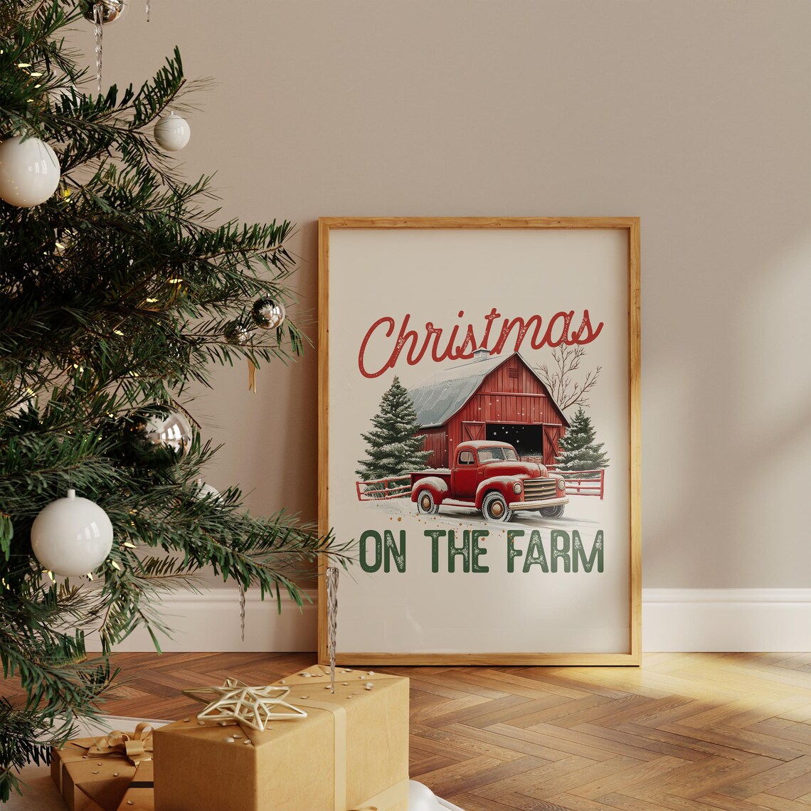 Christmas on the Farm Vintage Red Truck and Barn Snow Poster - Image 4