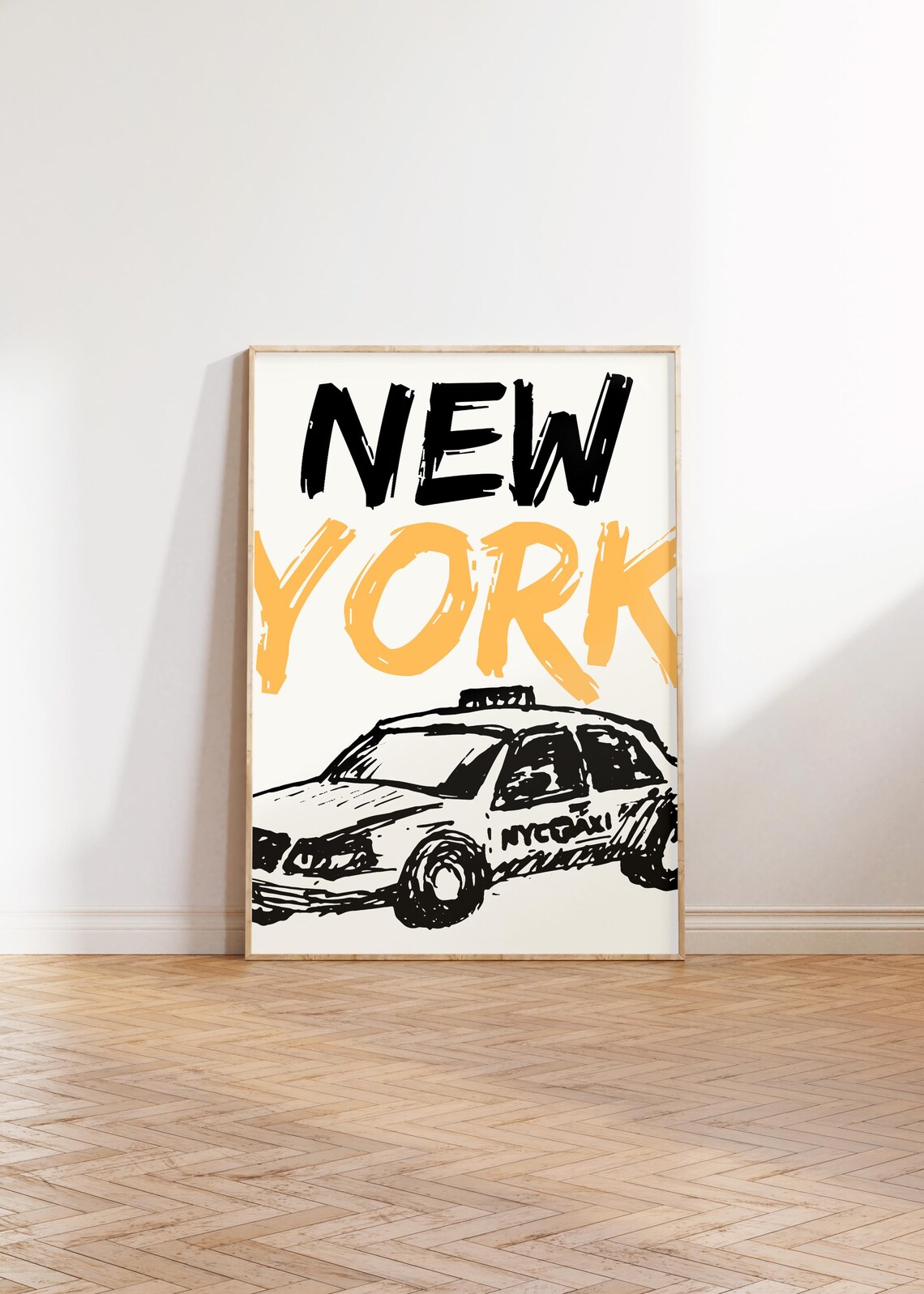 New York City Yellow Taxi Cab Hand Drawn Sketch Typography Poster - Image 3