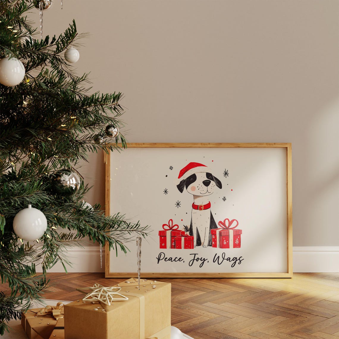 Peace Joy Wags Cozy Santa Hat Puppy Christmas Holiday Poster - Image 4
