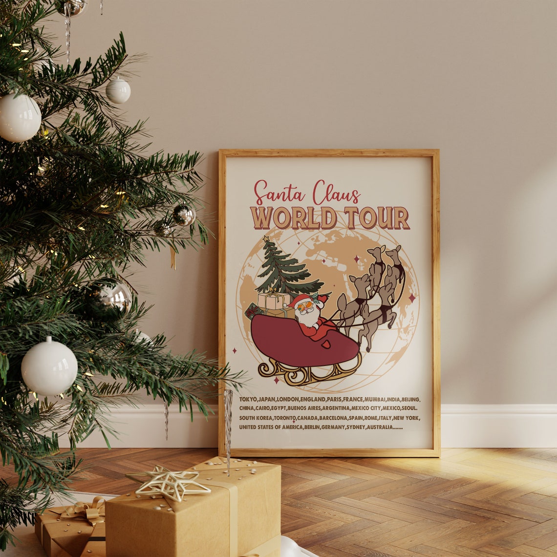 Santa Claus World Tour Sleigh Over Globe Cities Retro Holiday Poster - Image 4