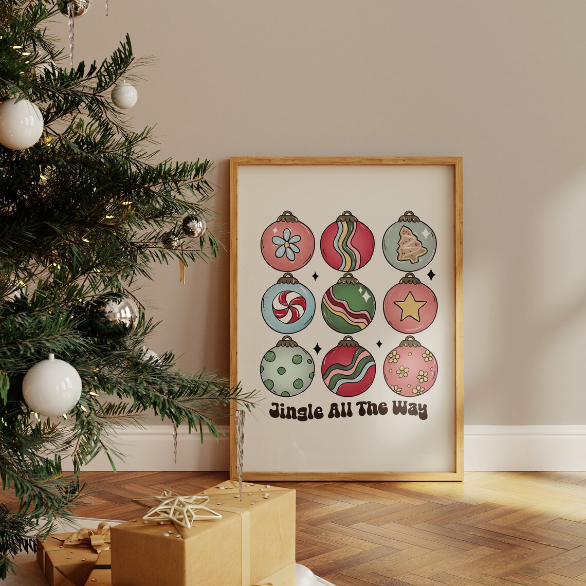 Jingle All the Way Colorful Retro Christmas Ornaments Grid Art Poster - Image 4