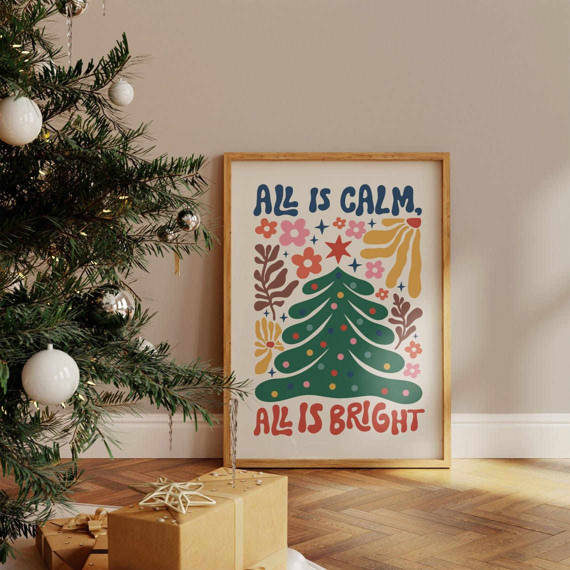 All Is Calm All Is Bright Colorful Retro Christmas Tree Poster - Image 4