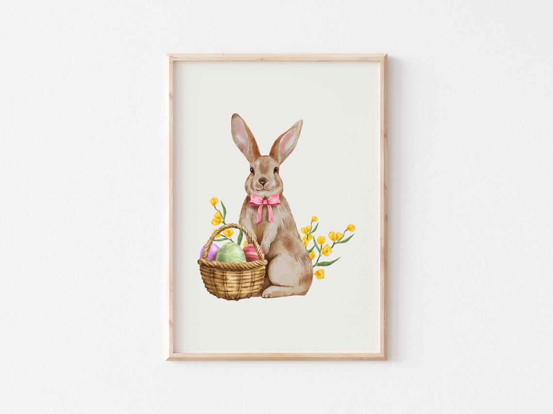 Easter Bunny with a Basket of Painted Eggs Watercolor Poster - Image 4