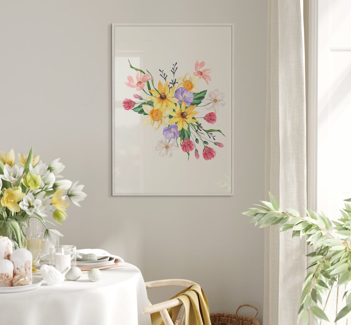 Yellow Daffodils and Wildflower Bouquet Watercolor Spring Poster - Image 5