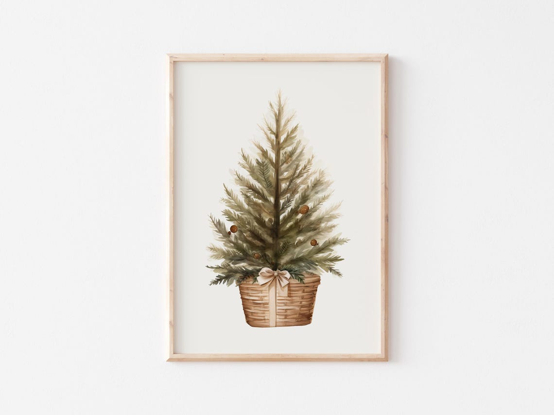 Watercolor Christmas Tree in Woven Basket Neutral Holiday Wall Art - Image 4