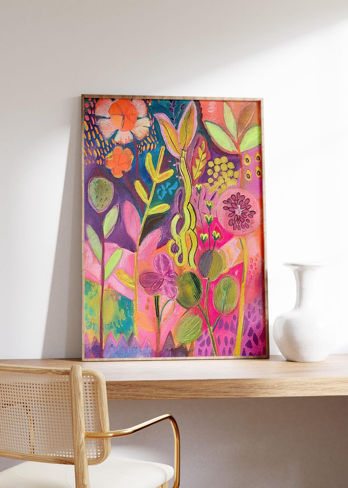 Bold Abstract Botanical Garden Painting Poster in Pink and Purple - Image 4