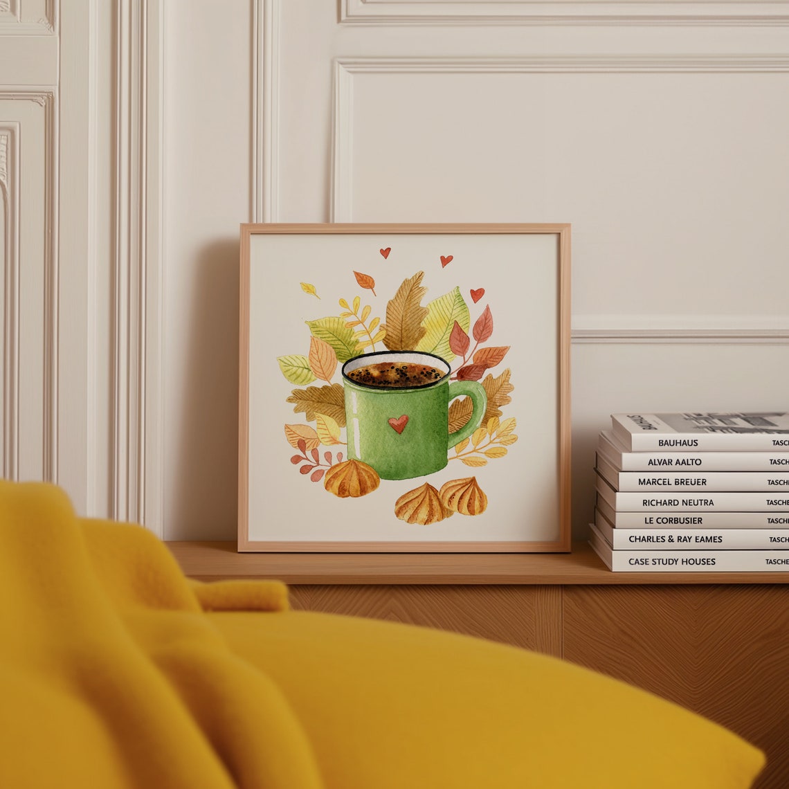 Green Cocoa Mug With Fall Leaves Watercolor Cozy Kitchen Poster - Image 4
