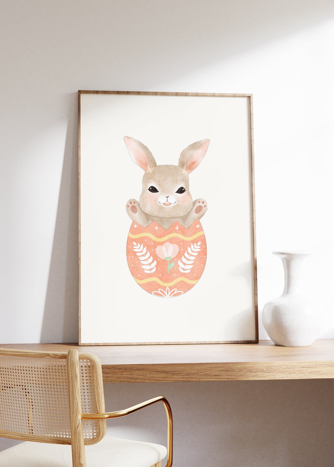 Cute Baby Bunny Popping Out Of Coral Easter Egg Watercolor Poster - Image 4