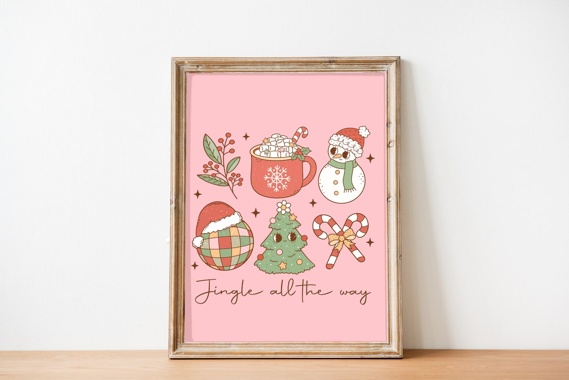 Jingle All The Way Pink Retro Cocoa Mug Snowman Disco Ball Print - Image 3