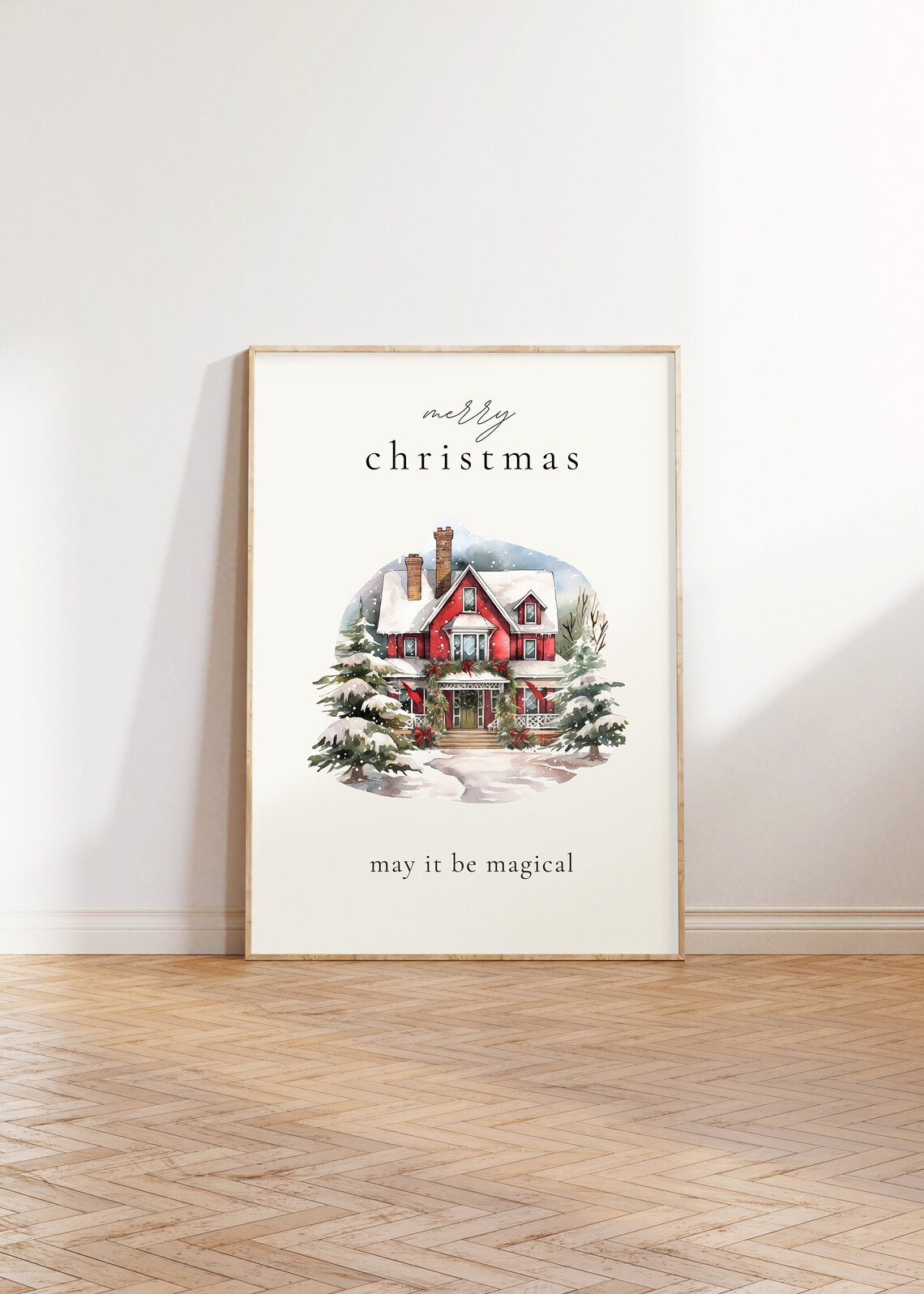 Merry Christmas May It Be Magical Red House Snow Watercolor Poster - Image 5