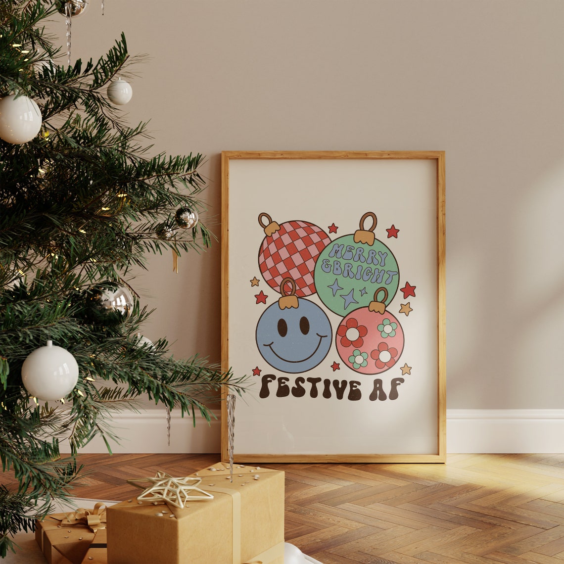 Festive AF Retro Smiley Face Christmas Ornaments Fun Holiday Poster - Image 4