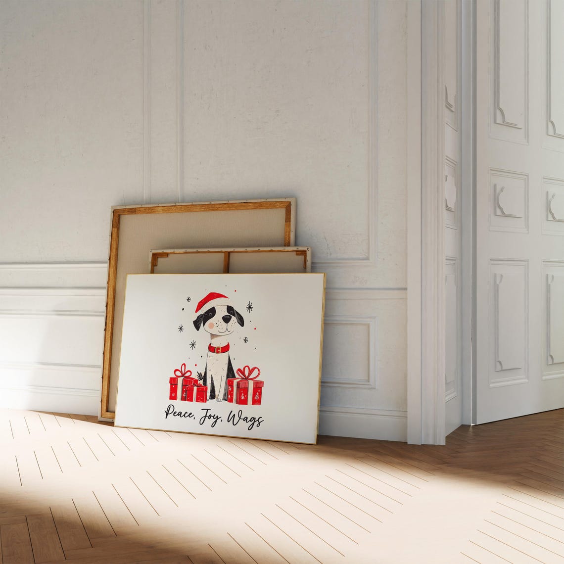 Peace Joy Wags Cozy Santa Hat Puppy Christmas Holiday Poster - Image 2