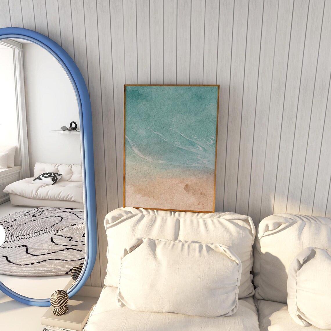 Aerial Turquoise Ocean Waves And Sandy Shore Coastal Watercolor Poster - Image 5