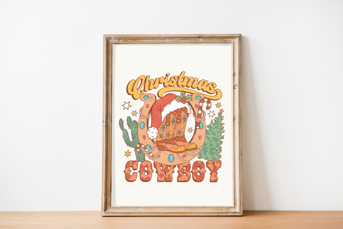 Christmas Cowboy Western Boot Horseshoe Cactus Retro Quote Poster - Image 3