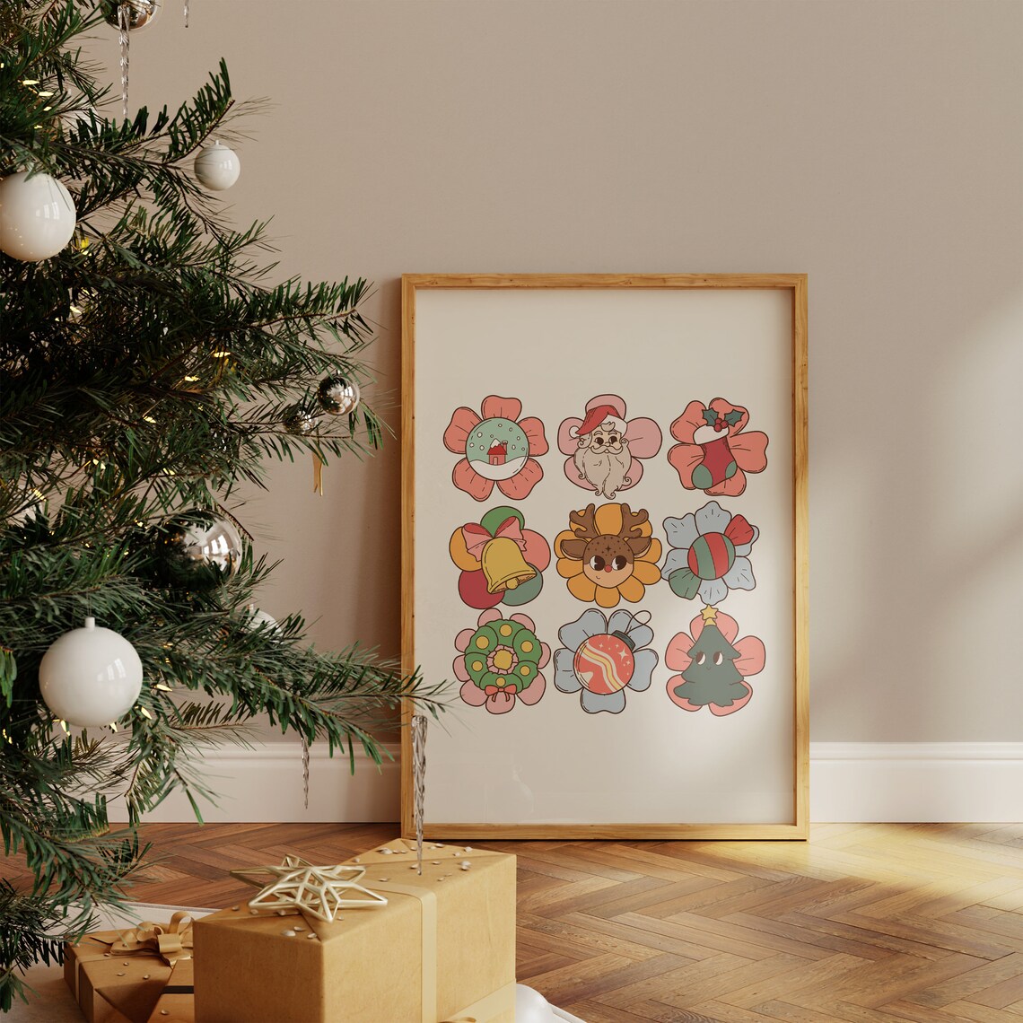 Groovy Retro Daisy Flowers With Christmas Icons Holiday Wall Poster - Image 4