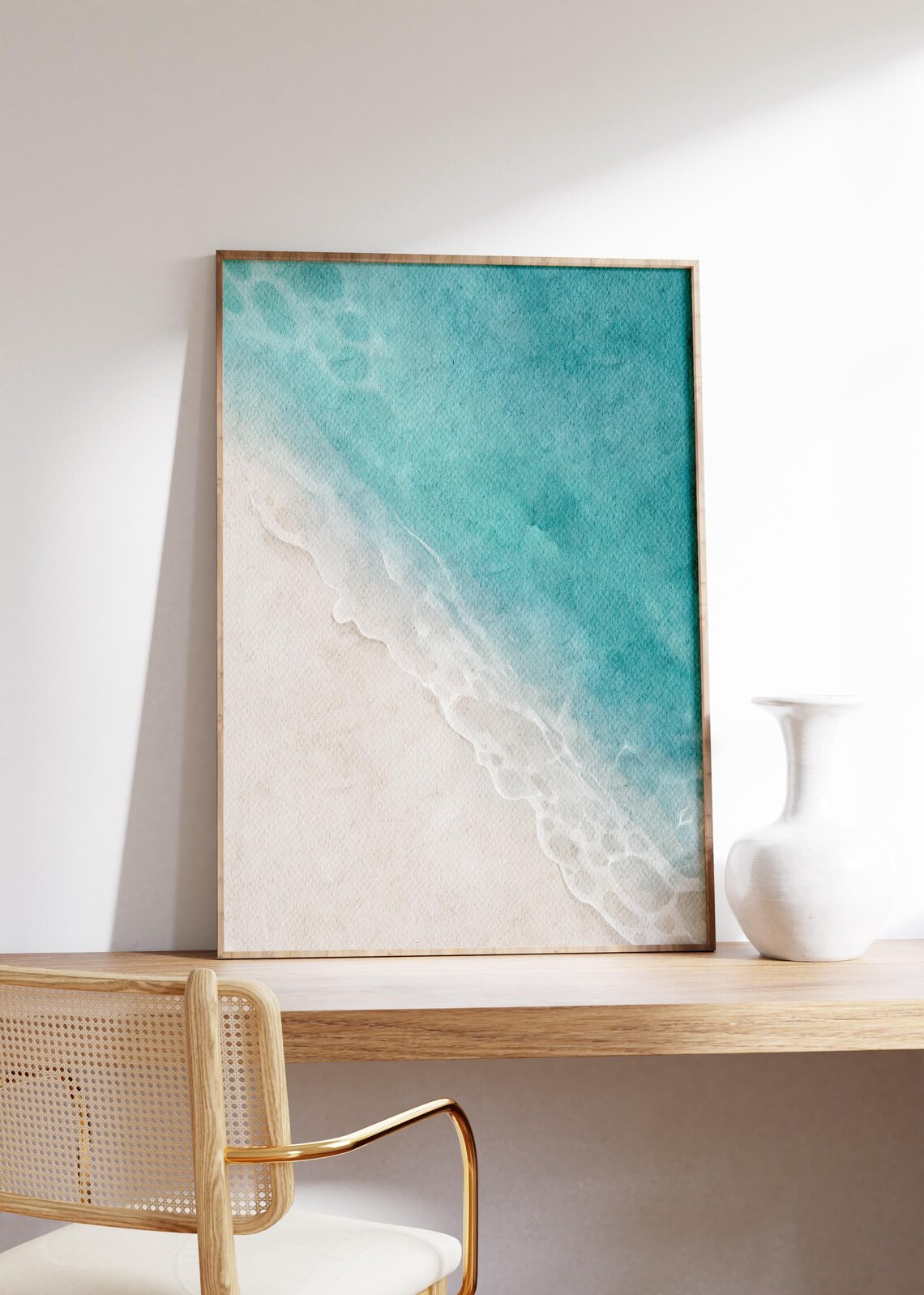 Aerial Turquoise Shoreline White Foam Waves Sandy Beach Watercolor Poster - Image 4