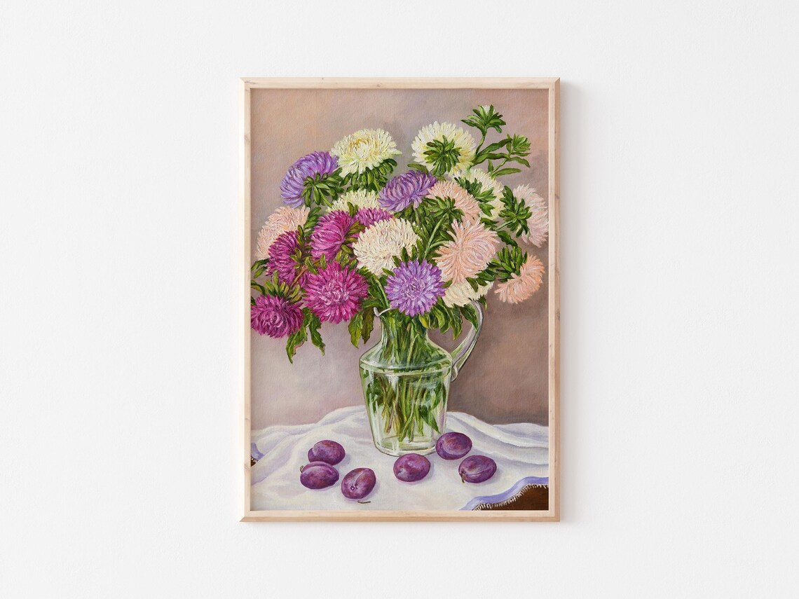 Aster Bouquet In Glass Pitcher With Plums Still Life Painting Poster - Image 2