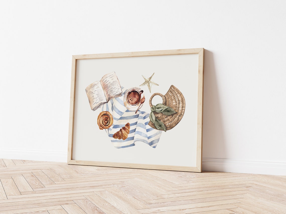 Beach Coffee Picnic Watercolor Coastal Summer Kitchen Poster - Image 2
