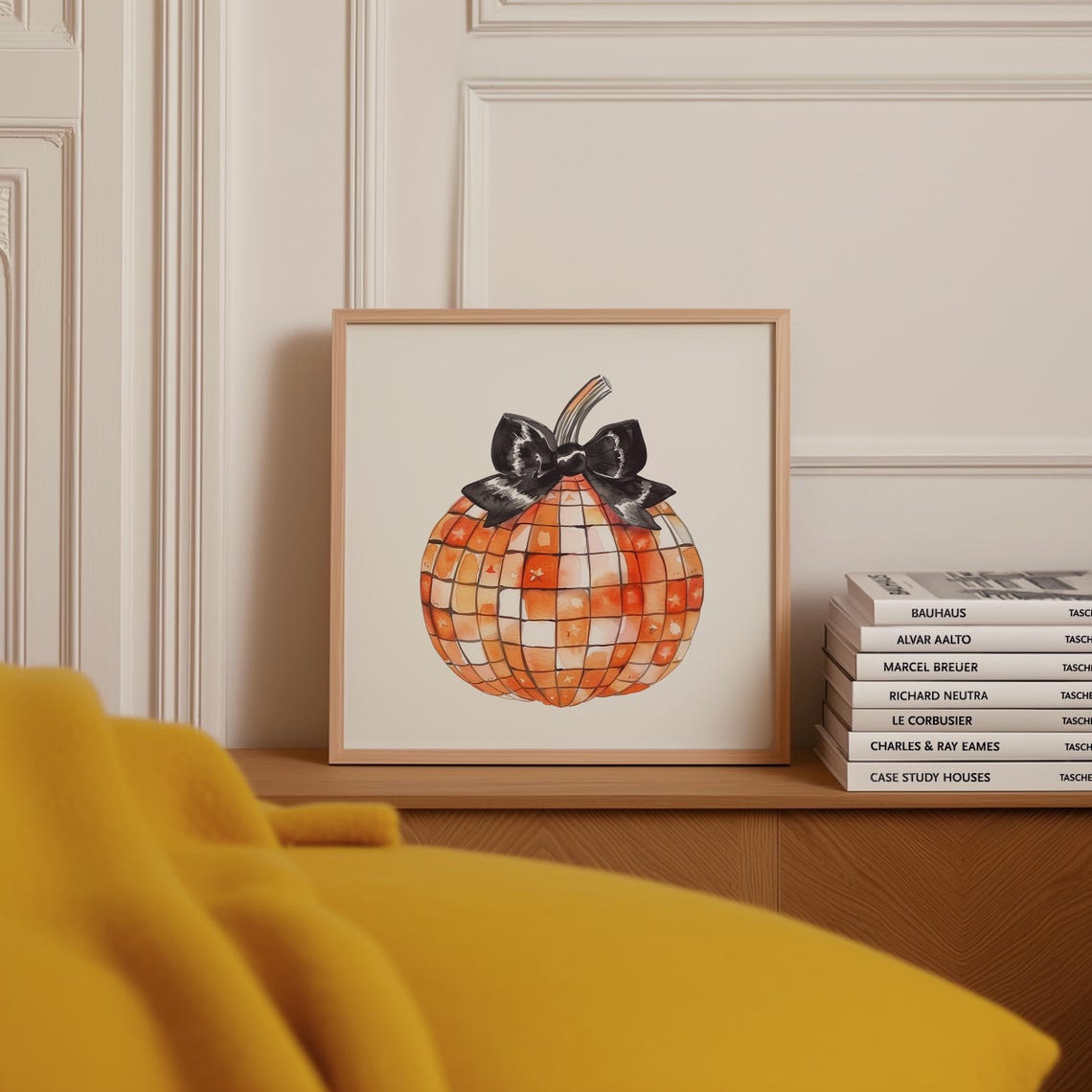 Disco Ball Checkered Pumpkin with Black Bow Halloween Art Poster - Image 3