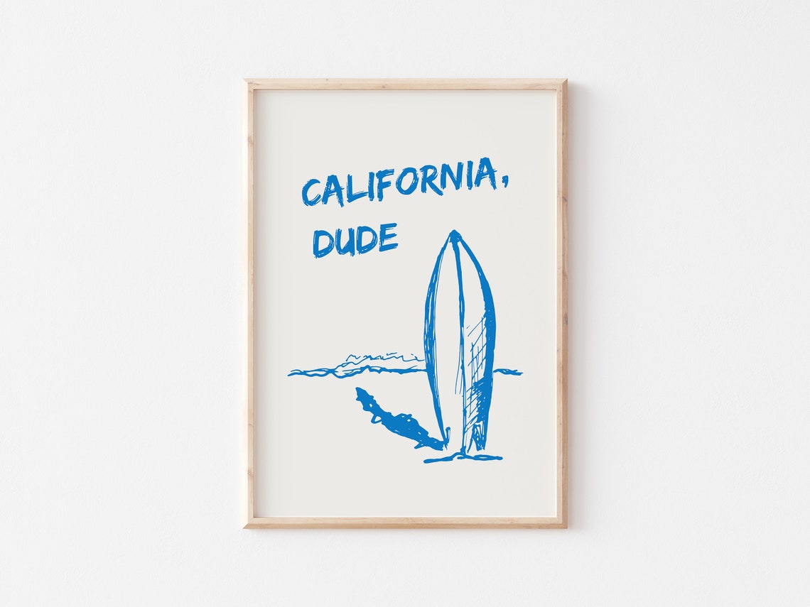 California Dude Surfboard Blue Line Art Beach Surf Style Poster - Image 4
