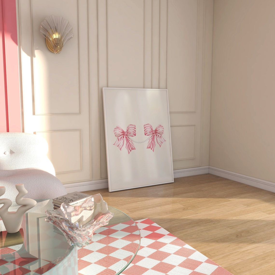 Pair Of Pink Striped Watercolor Bows Linked By Pearl Strand Poster - Image 5