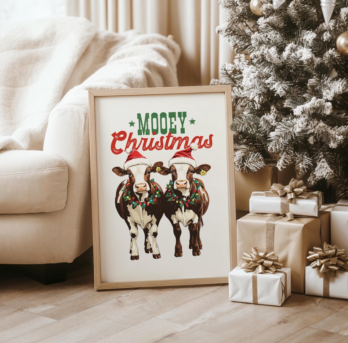 Mooey Christmas Adorable Cows in Santa Hats Farmhouse Poster - Image 5