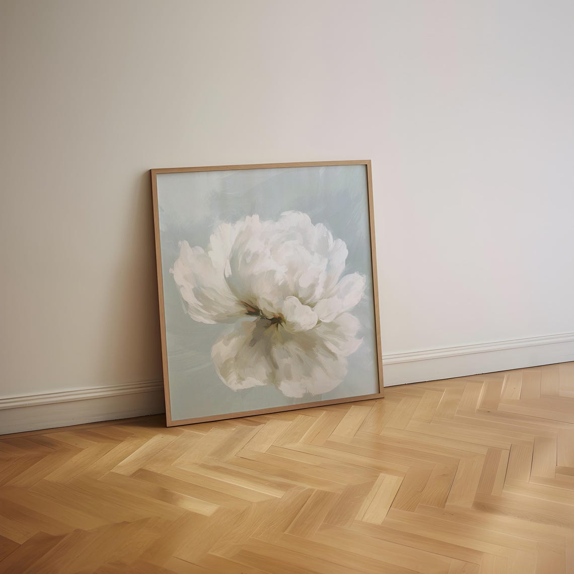 White Peony Side View on Pale Sage Blue Soft Floral Art Poster - Image 2