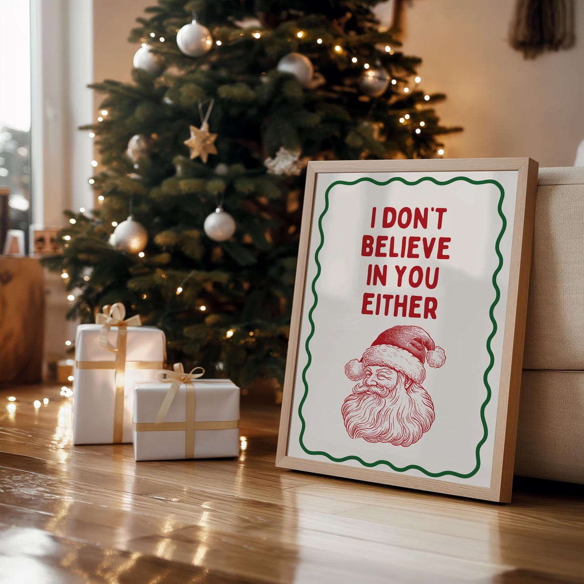 I Don't Believe in You Either Sarcastic Retro Santa Quote Poster - Image 2