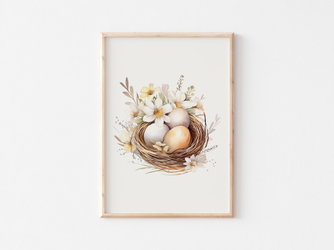 Bird Nest With Eggs And White Daisies Watercolor Easter Poster - Image 4