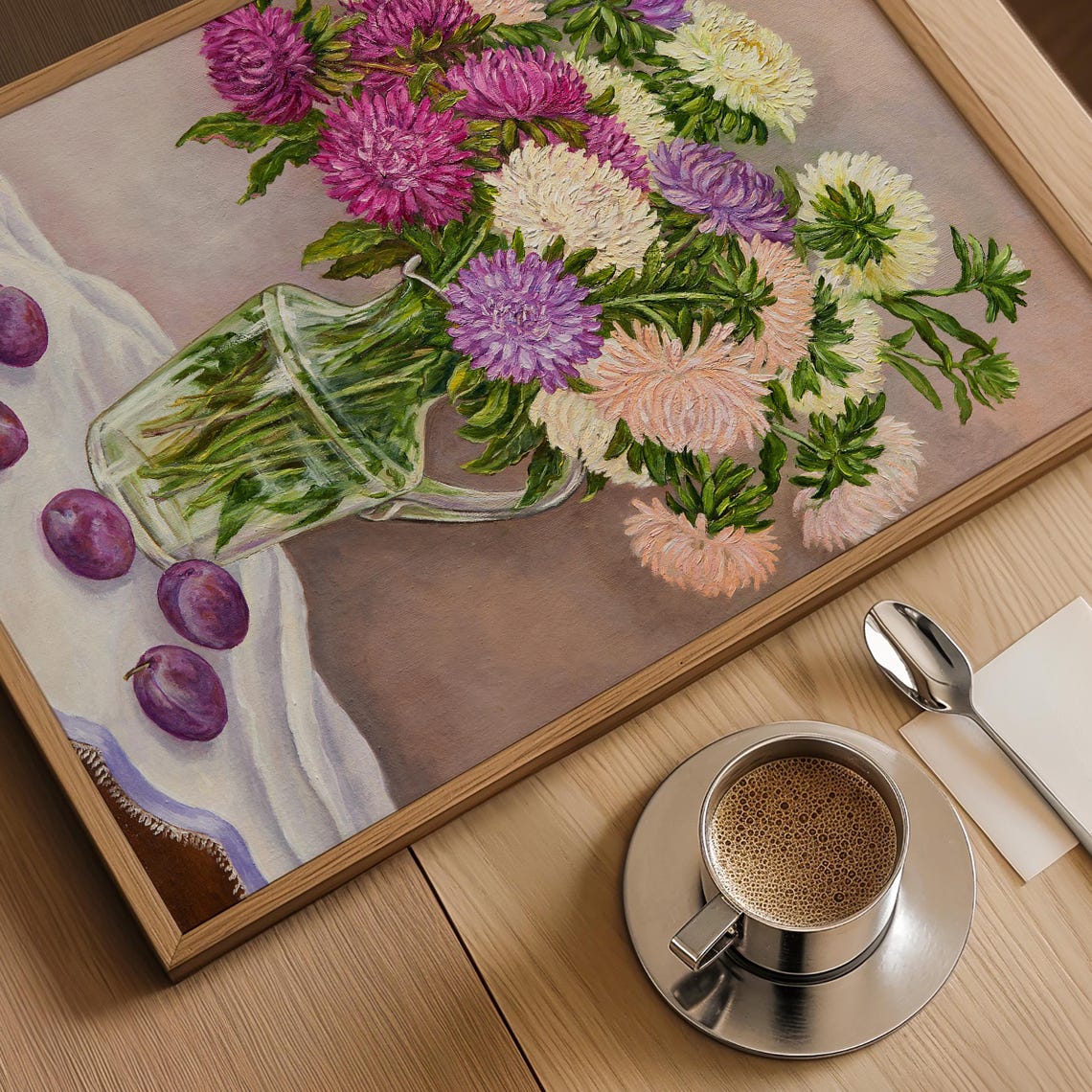 Aster Bouquet In Glass Pitcher With Plums Still Life Painting Poster - Image 4