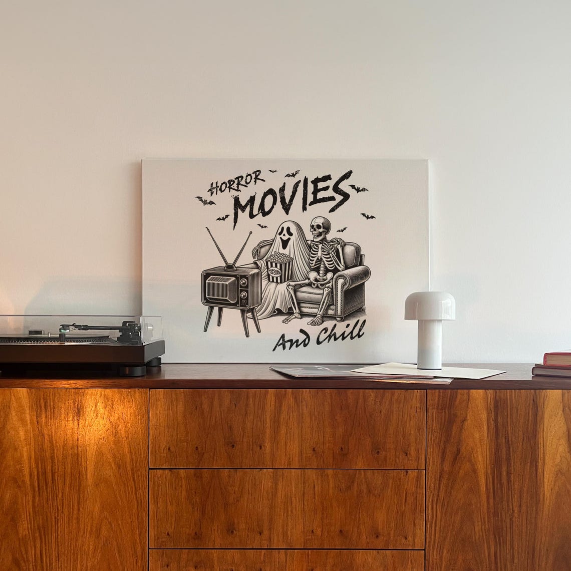 Horror Movies And Chill Ghost Skeleton White Halloween Poster - Image 4