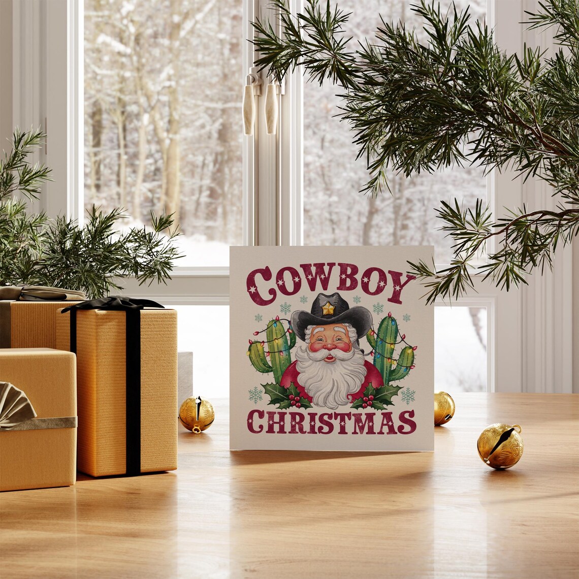 Cowboy Christmas Vintage Santa With Cacti Western Holiday Poster - Image 5