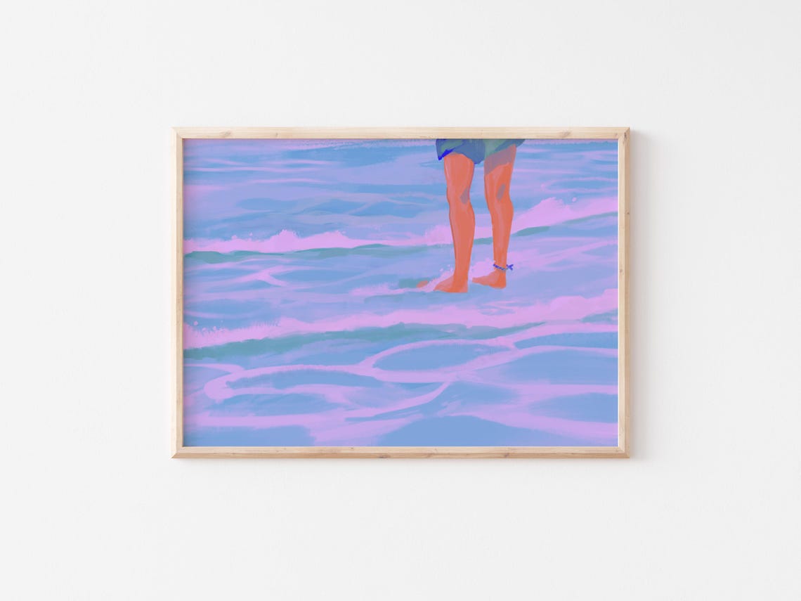 Dreamy Pink Blue Ocean Waves Wading Legs Summer Beach Art Poster - Image 5