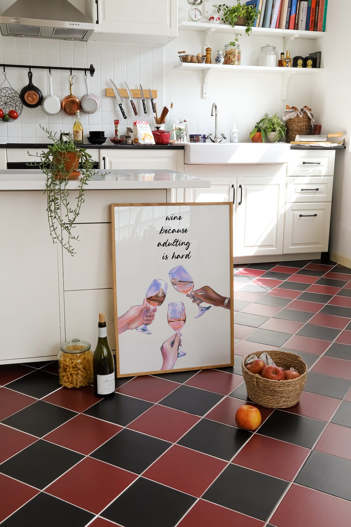 Wine Because Adulting Is Hard Toasting Watercolor Wall Poster - Image 2