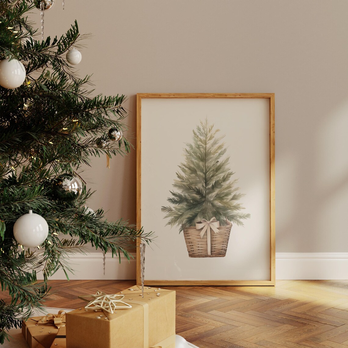 Watercolor Evergreen Tree In Wicker Basket Minimalist Christmas Poster - Image 3