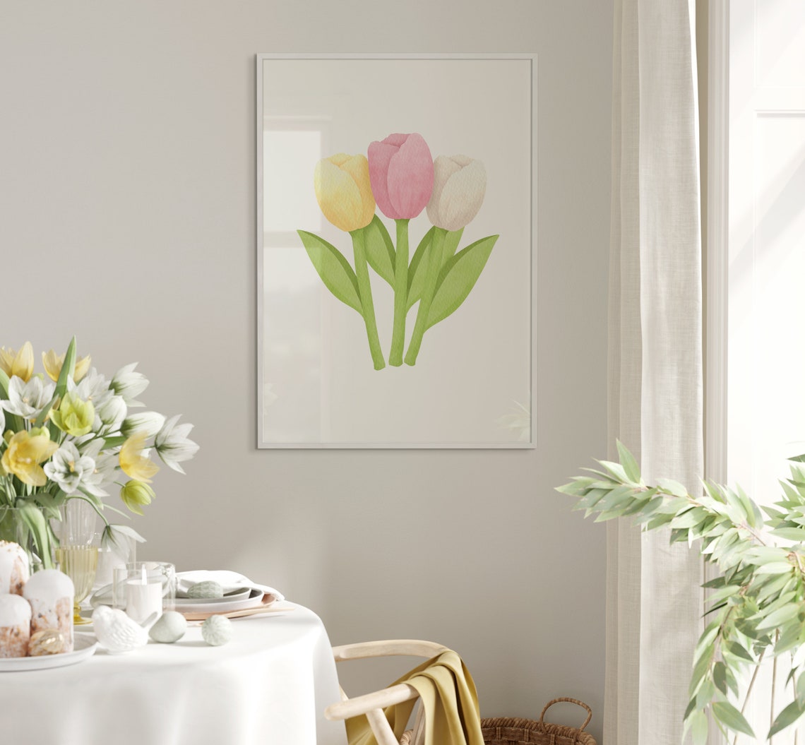 Three Pastel Tulips Watercolor Spring Flower Wall Decor Poster - Image 5