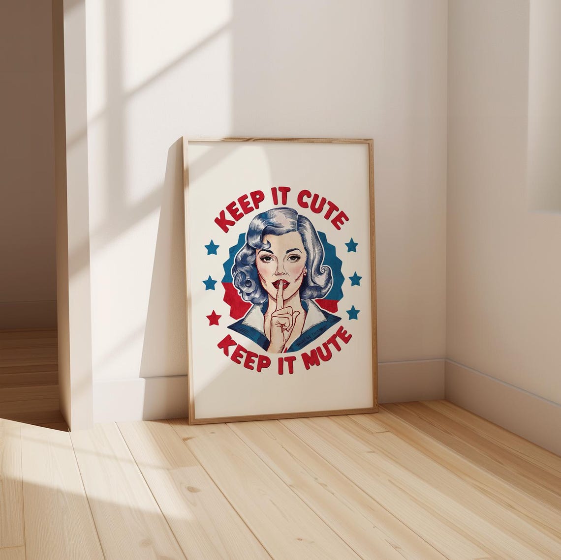 Keep It Cute Keep It Mute Retro Red Blue Star Sassy Quote Poster - Image 5
