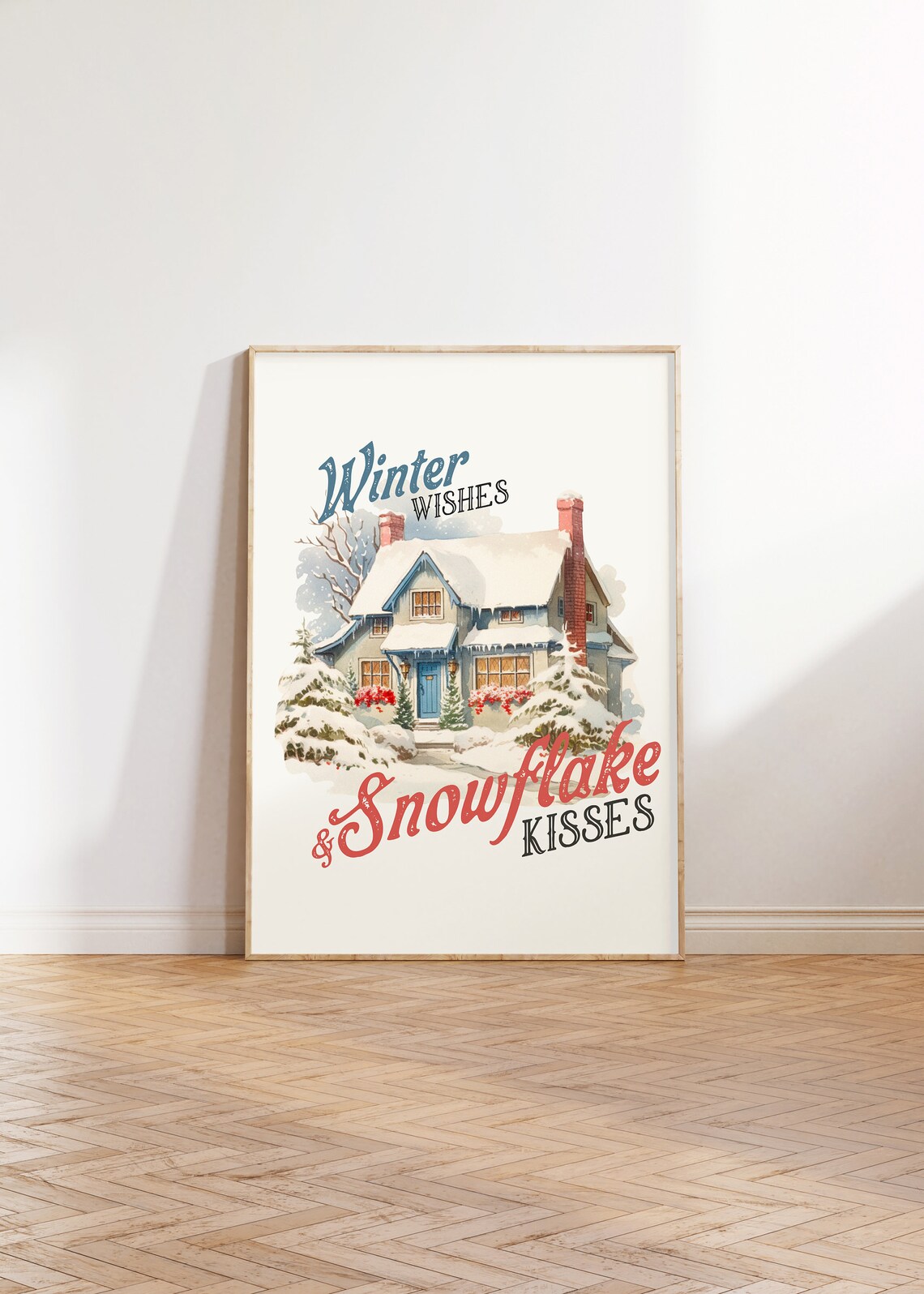 Winter Wishes and Snowflake Kisses Snowy Cottage Christmas Poster - Image 3