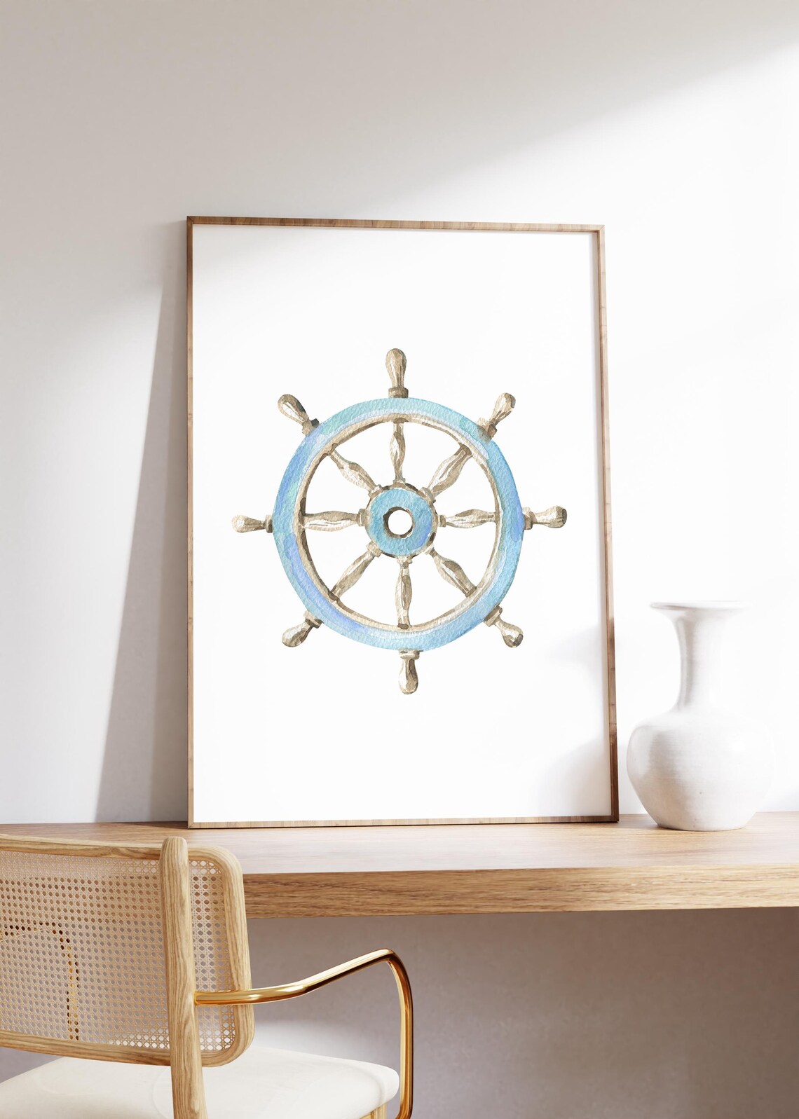 Wooden Ship Wheel Blue Rim Soft Watercolor Classic Nautical Decor Poster - Image 2