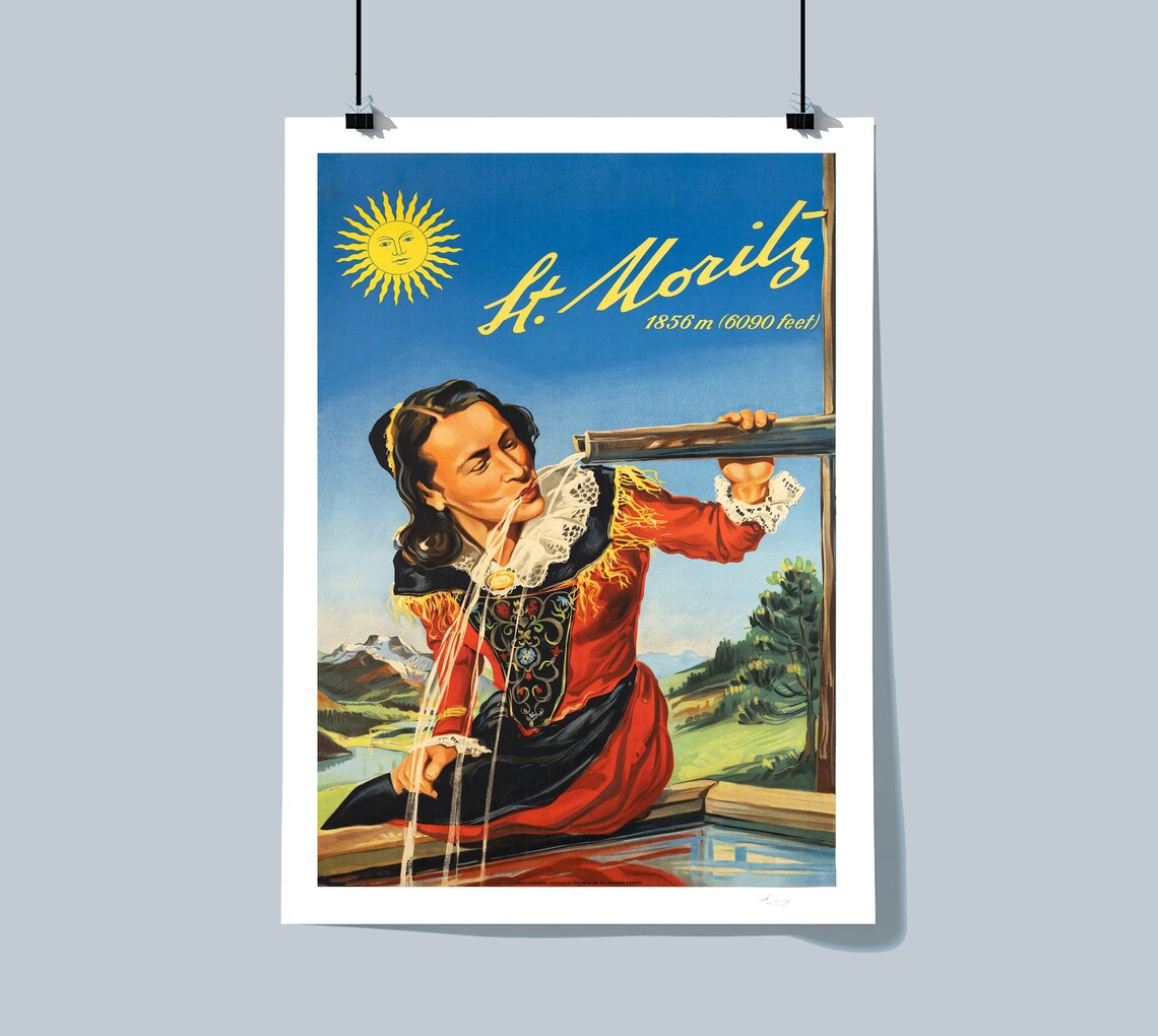 St Moritz Swiss Alps Woman Drinking Fountain Vintage Travel Poster - Image 2